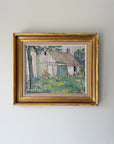 Framed vinatge oil painting of a rustic building with garden. Available at Hue. 