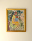 Framed vintage oil painting of a woman holding a child among trees. Available at Hue.