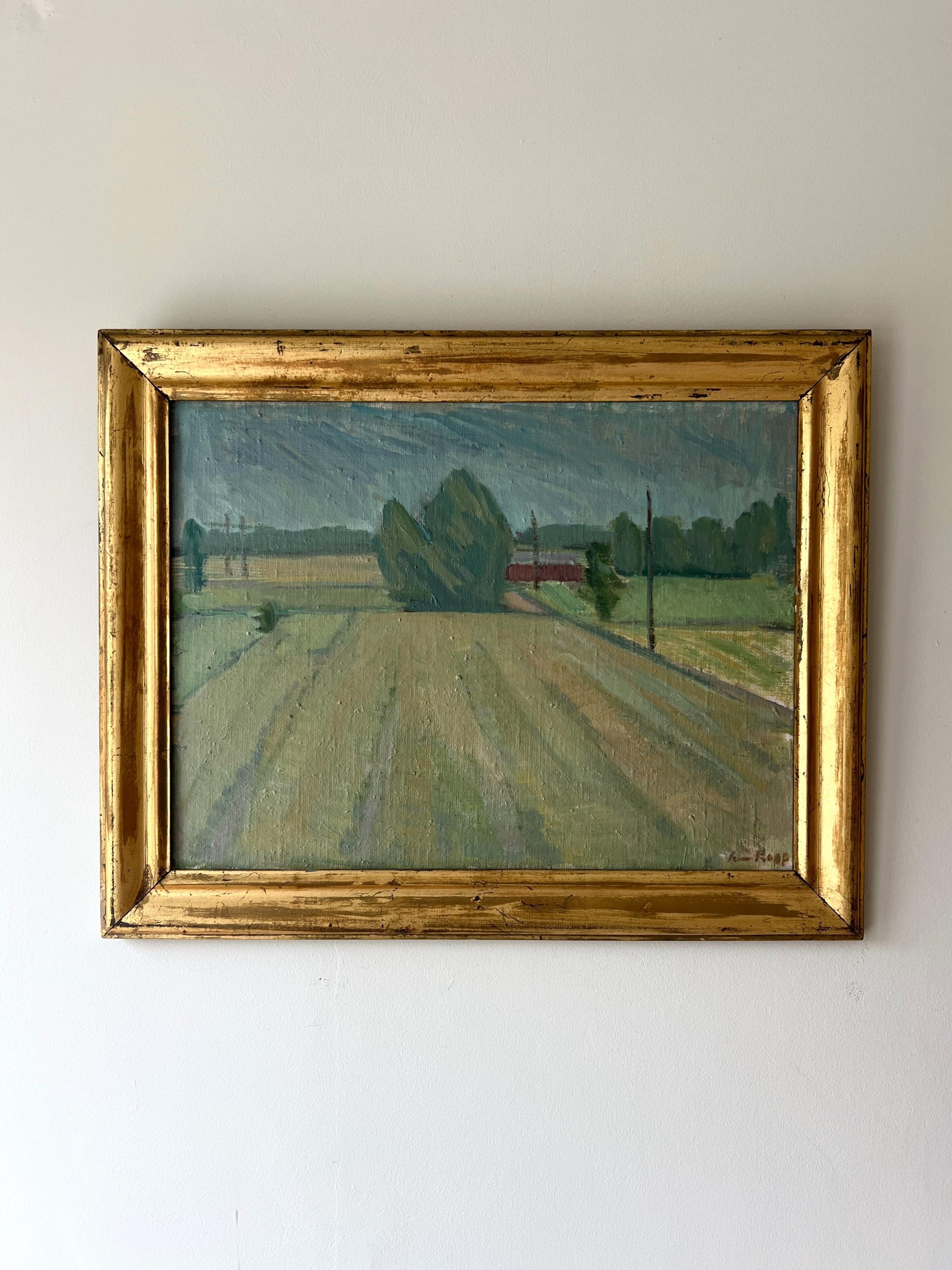 Framed vintage oil painting of a landscape with a vintage gilt frame, available at Hue