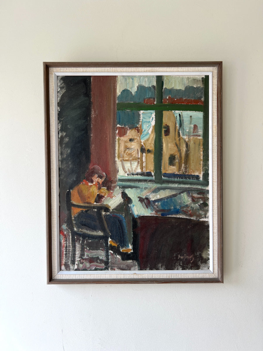 Framed vintage oil painting of a person sitting at a table with a cityscape view. Available at Hue. 
