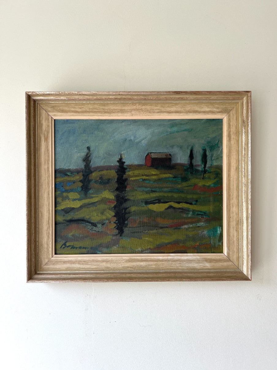 Framed vintage oil painting of a landscape with a solitary red building. Available at Hue. 