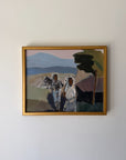 A framed vintage landscape oil painting . The painting depicts two figures in a field with mountains in the background, enclosed in a thin, gold frame. Available at Hue. 