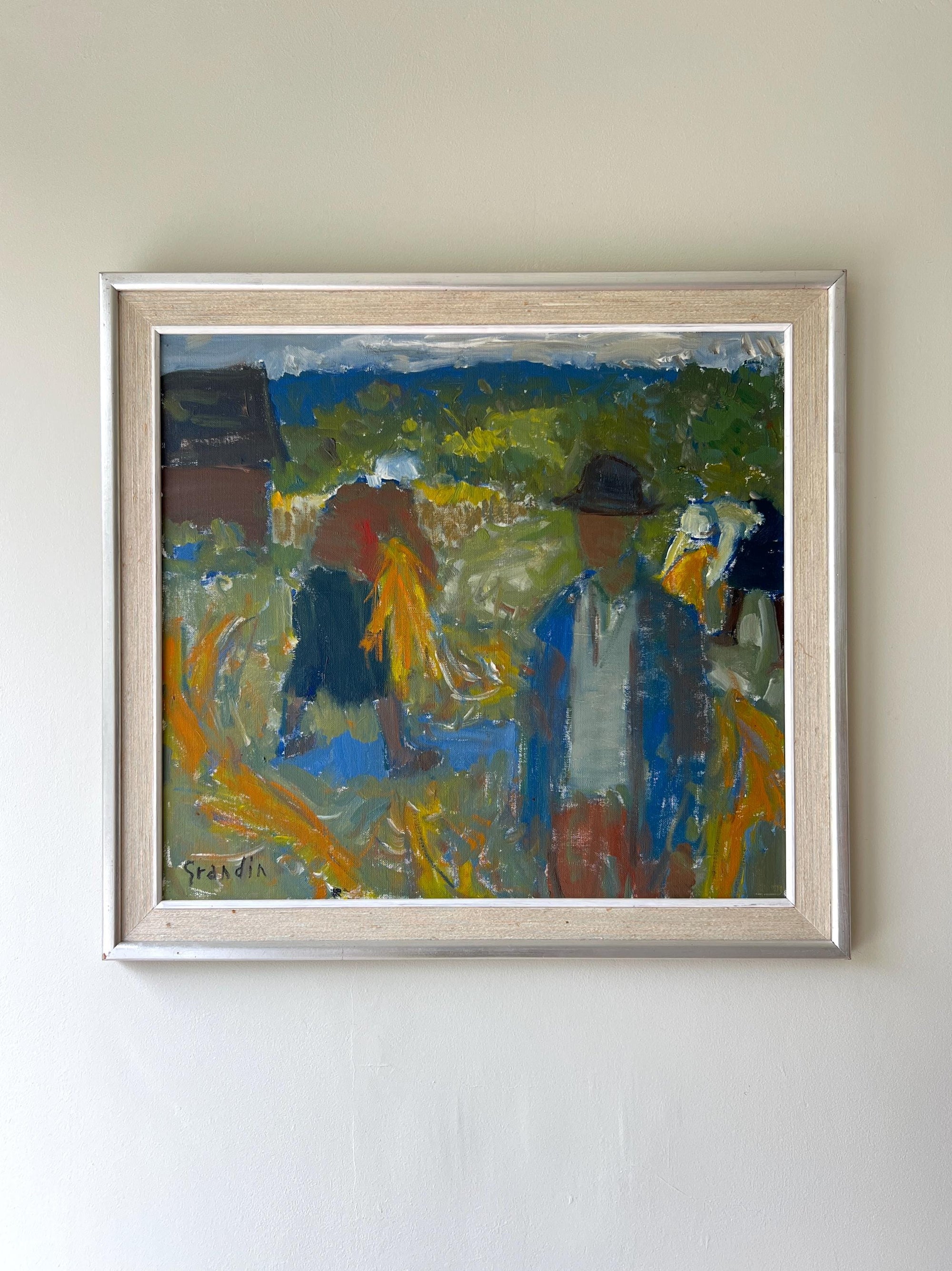 Framed vintage oil painting of three figures working in a field, available at Hue.