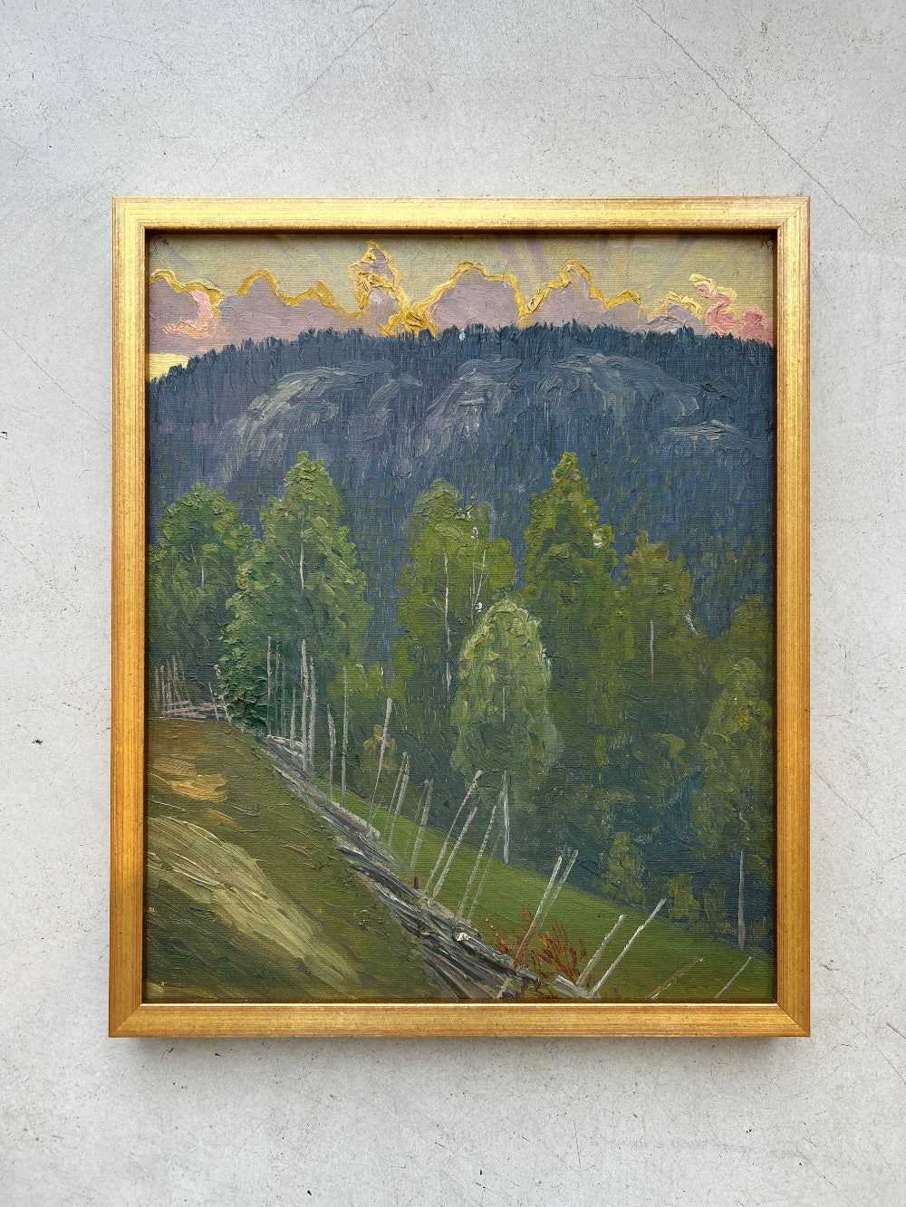 Framed, vintage, oil painting of a landscape with trees and mountains, available at Hue.