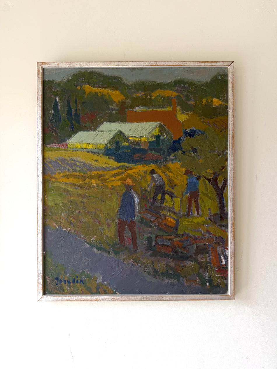 Framed vinatge oil painting of a rural scene with people working in a field. Available at Hue. 