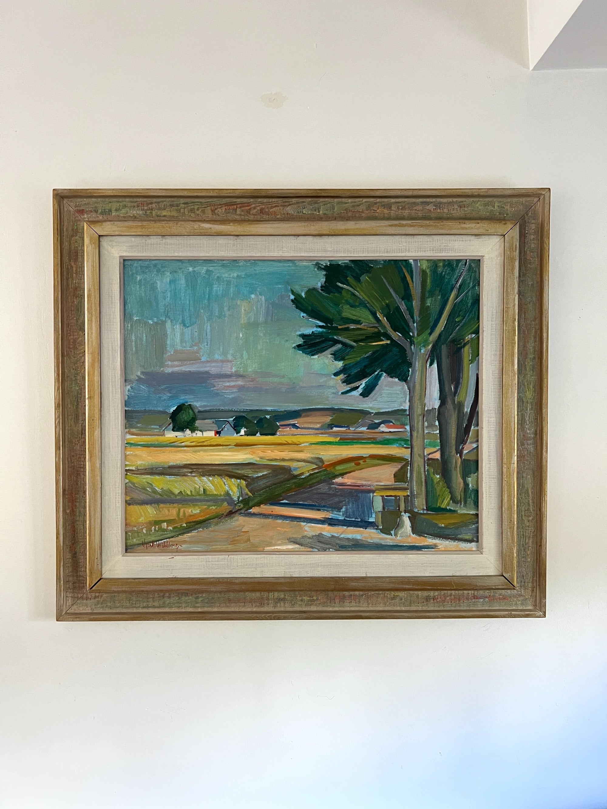 Framed vintage oil  painting of a landscape with trees and fields, available at Hue