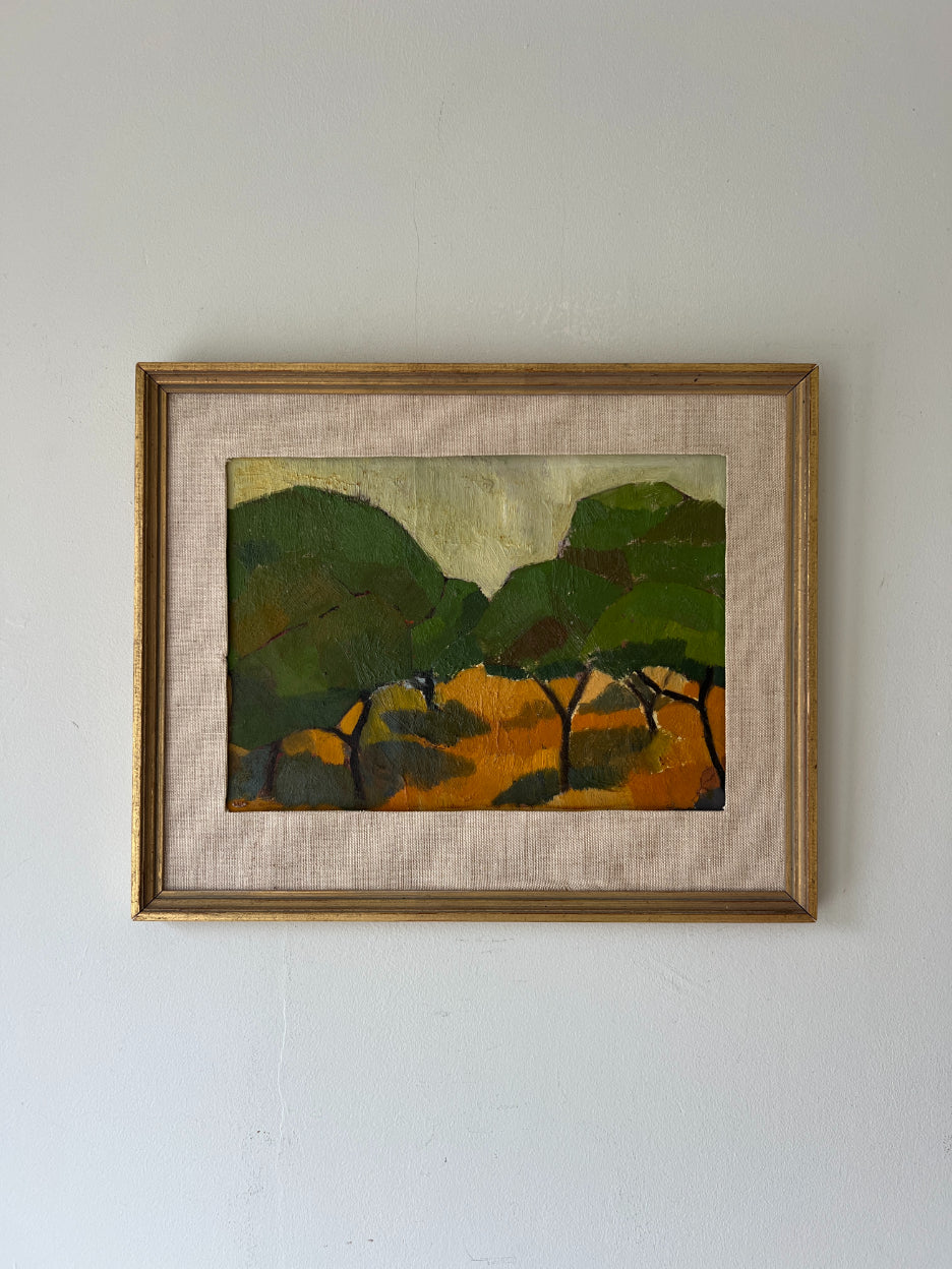 Framed vintage oil painting of a Mediterranean tree grove in the summer heat. Available at Hue. 