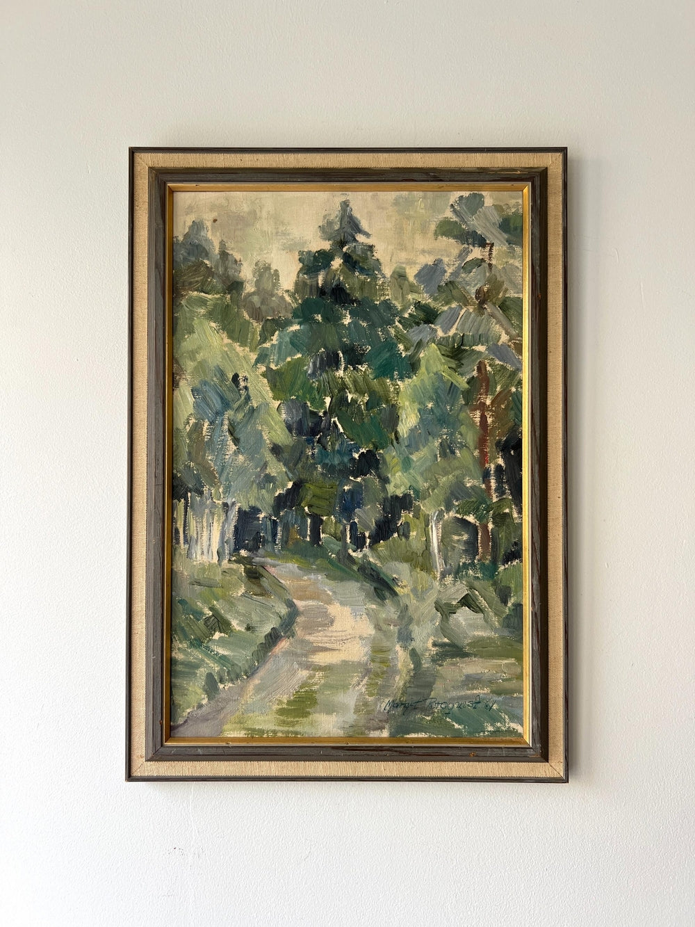 Framed vintage oil painting of a forest scene, available at Hue