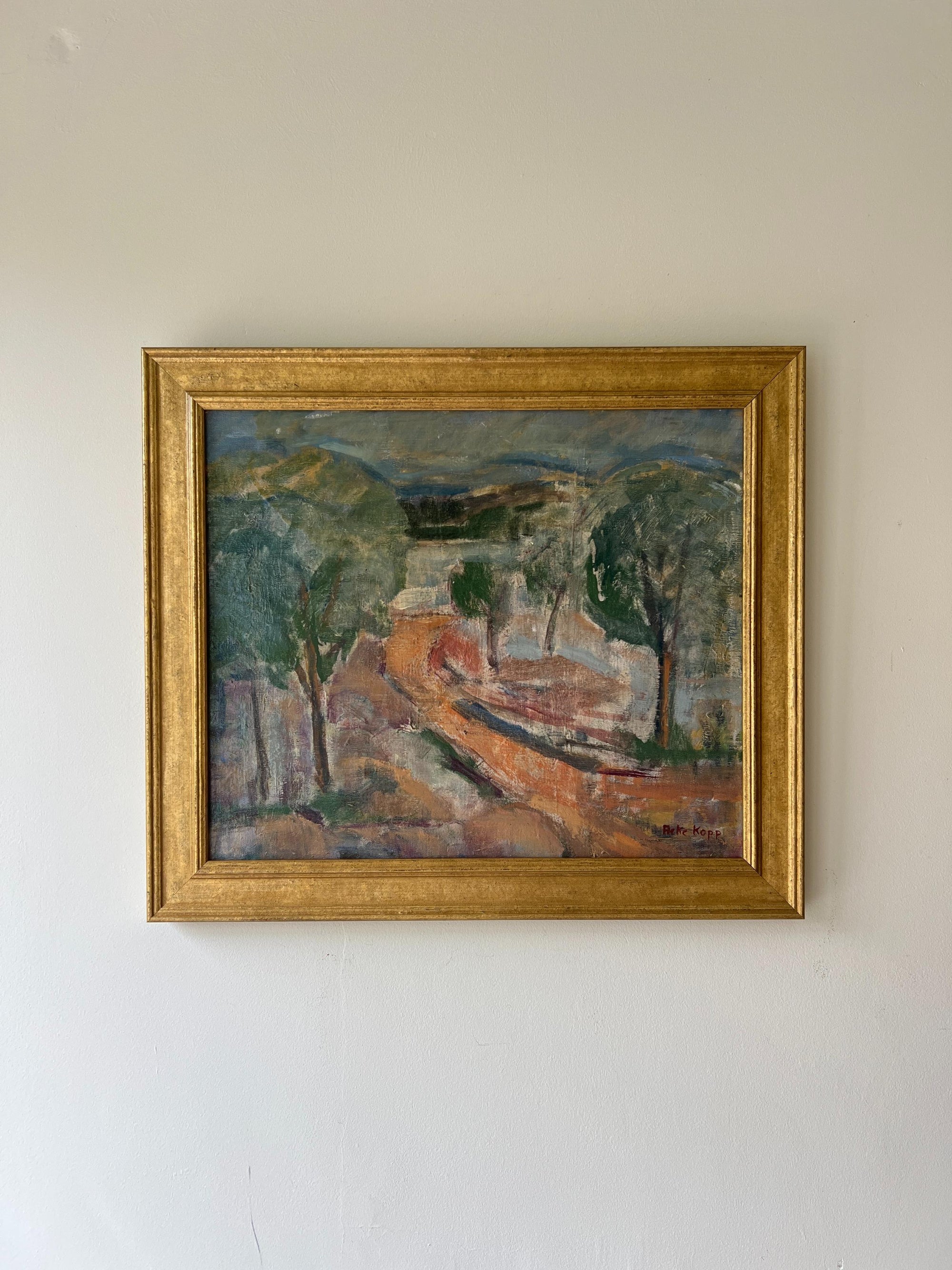 Framed vintage oil painting of a landscape with trees, available at Hue.