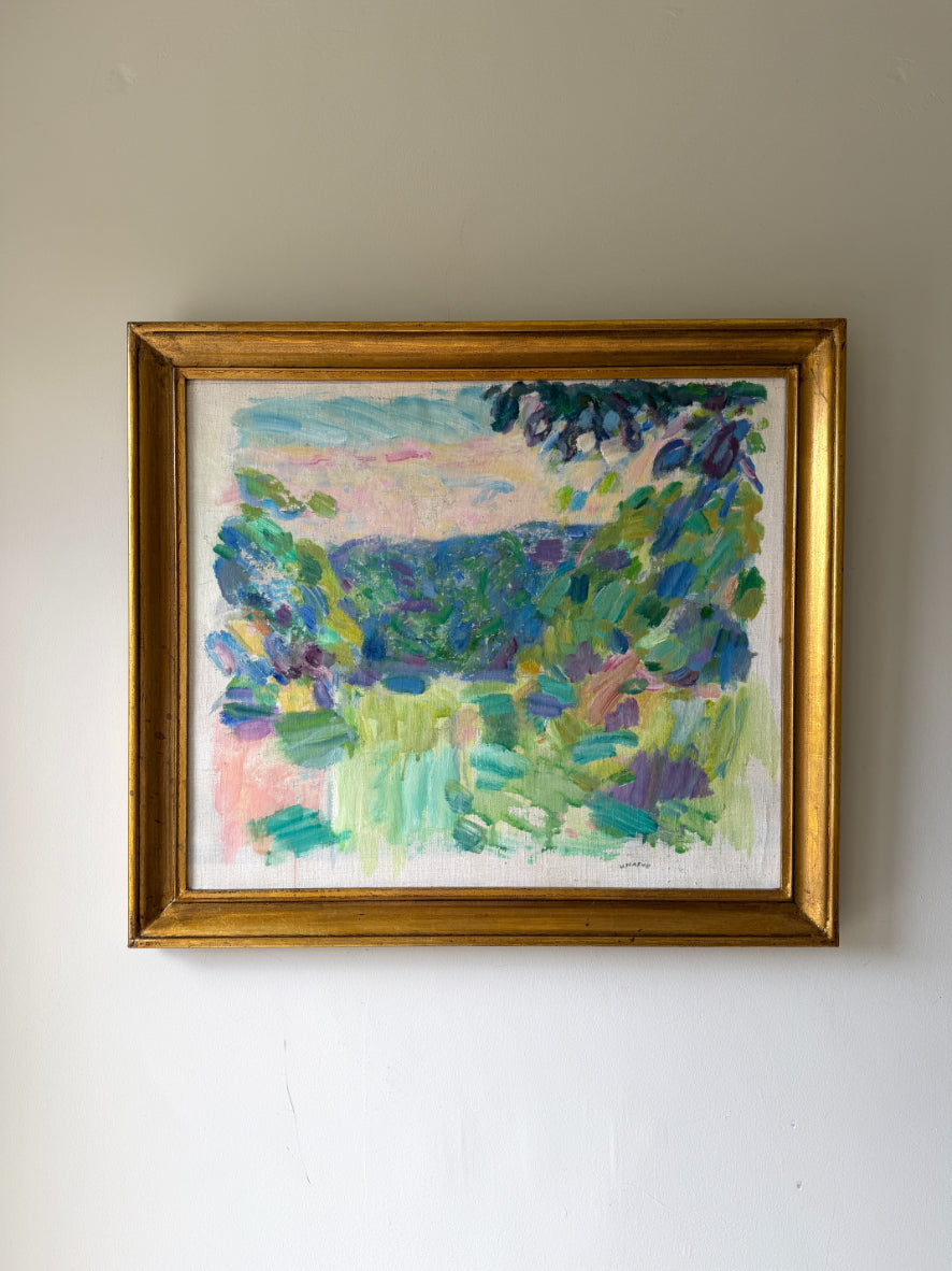 Framed vintage oil painting of semi-abstract landscape. Available at Hue.