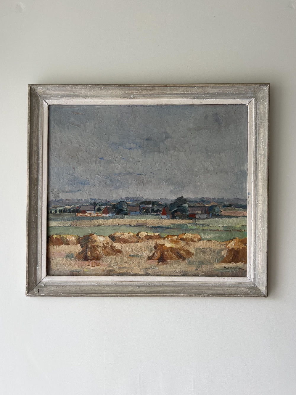 Framed oil painting of a landscape with a soft grey sky and earthy tones, available at Hue