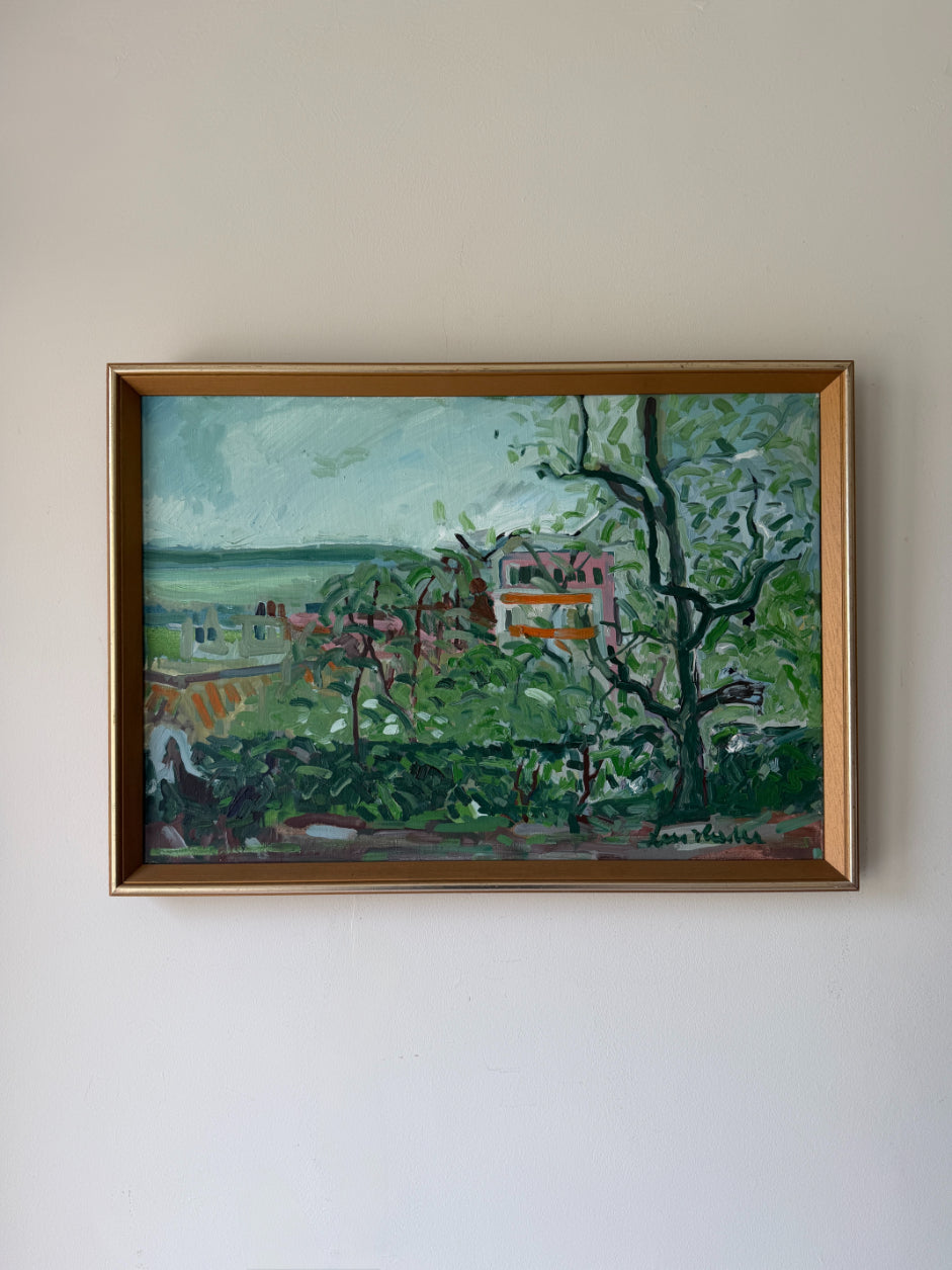Framed vintage oil painting of a landscape with trees and buildings. Available at Hue.