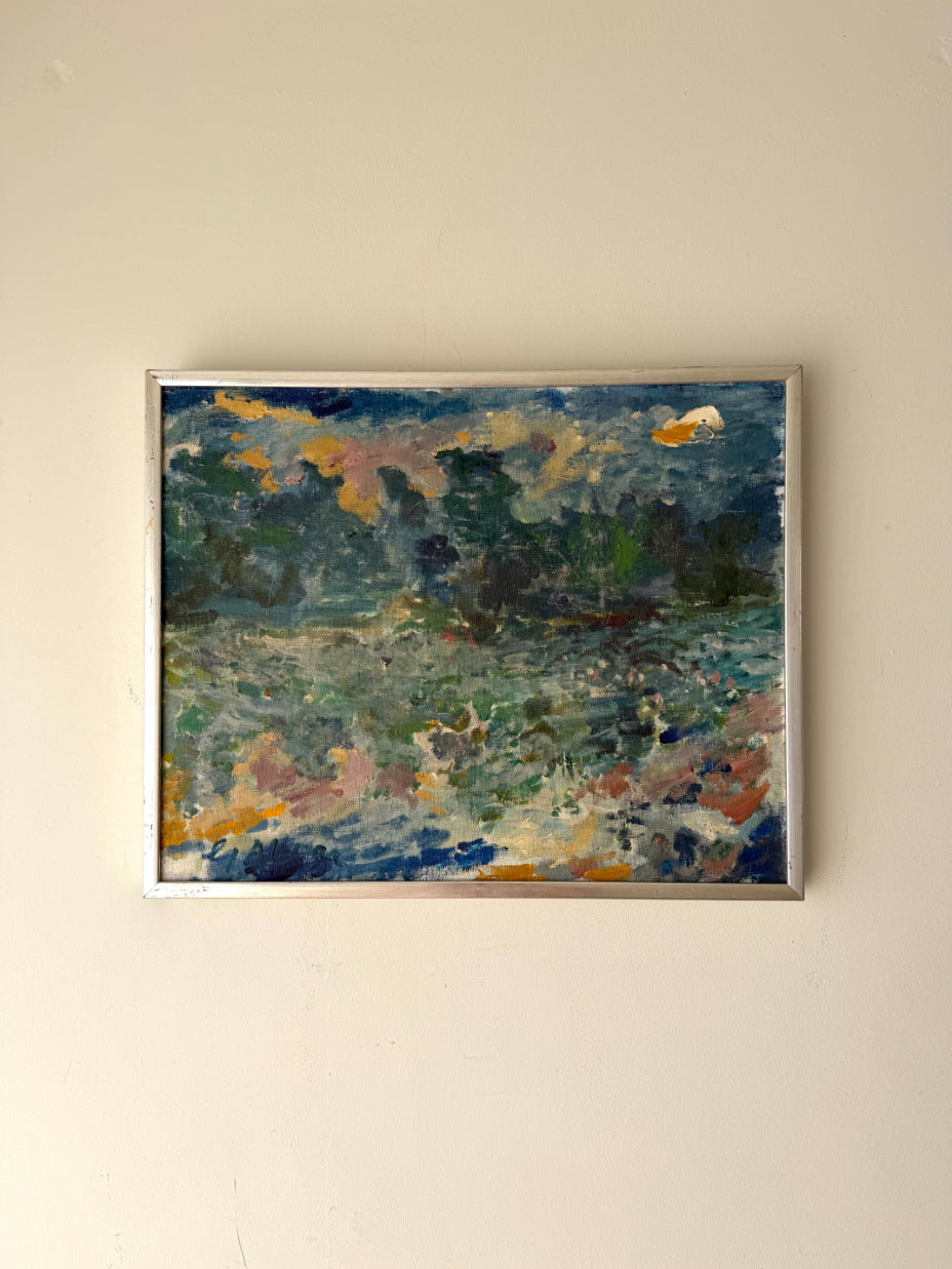 Framed vintage oil painting of a landscape with trees and meadows. Available at Hue. 