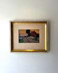 Framed vintage oil painting of a coastal harbour scene with a red building. Available at Hue. 