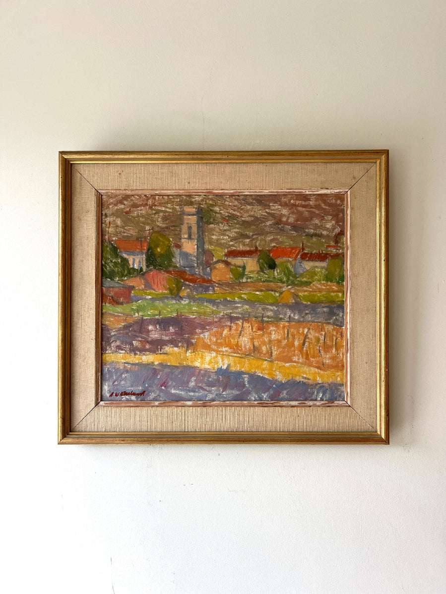 Framed vintage oil painting of a landscape with buildings and fields. Available at Hue. 