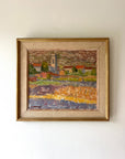 Framed vintage oil painting of a landscape with buildings and fields. Available at Hue. 