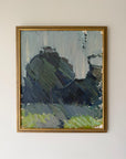 A framed semi-abstract vintage landscape painting featuring trees and a summer fields. Available at Hue.