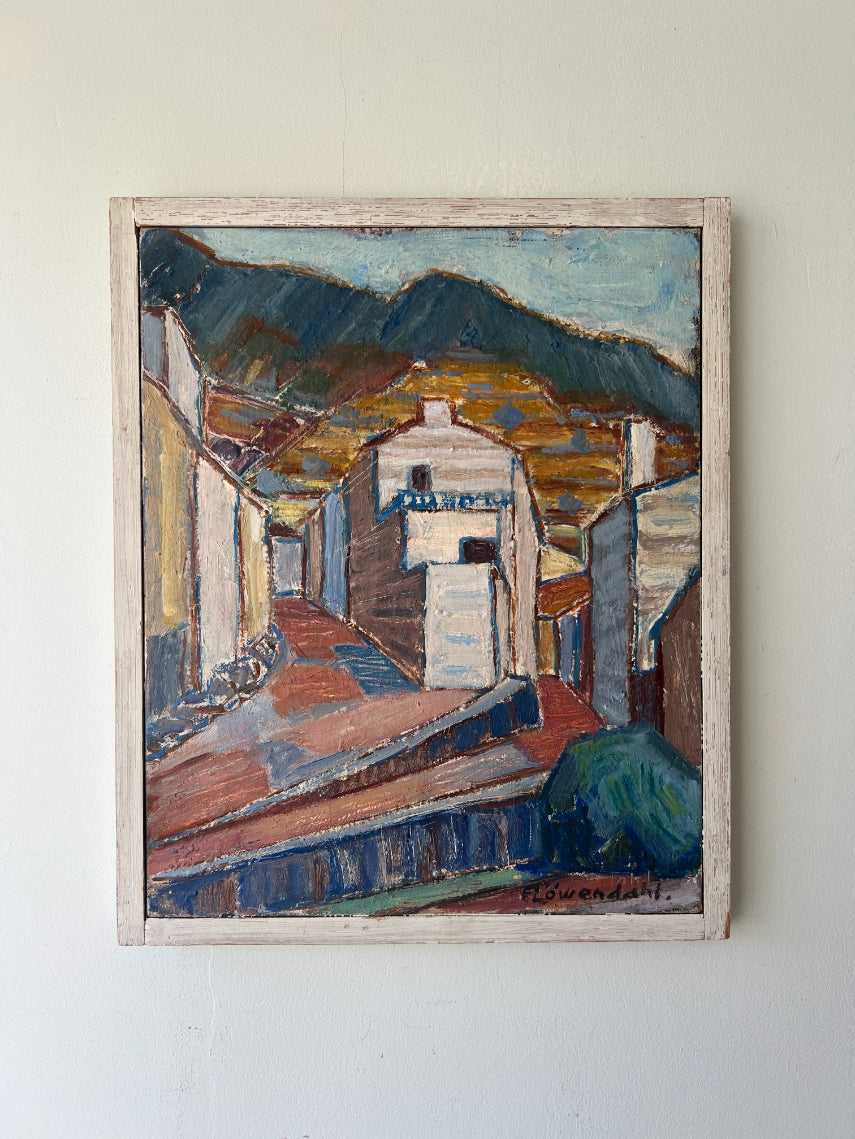 Framed vinatge oil painting of a mountainous village landscape with buildings. Available at Hue. 
