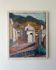 Framed vinatge oil painting of a mountainous village landscape with buildings. Available at Hue. 