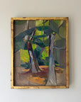 An impressionist-style vintage oil painting of a forest scene with trees, rendered in green, blue, brown, and yellow tones. Available at Hue. 