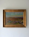 Framed vintage oil painting of a landscape with wooden foot bridge. Available at Hue. 