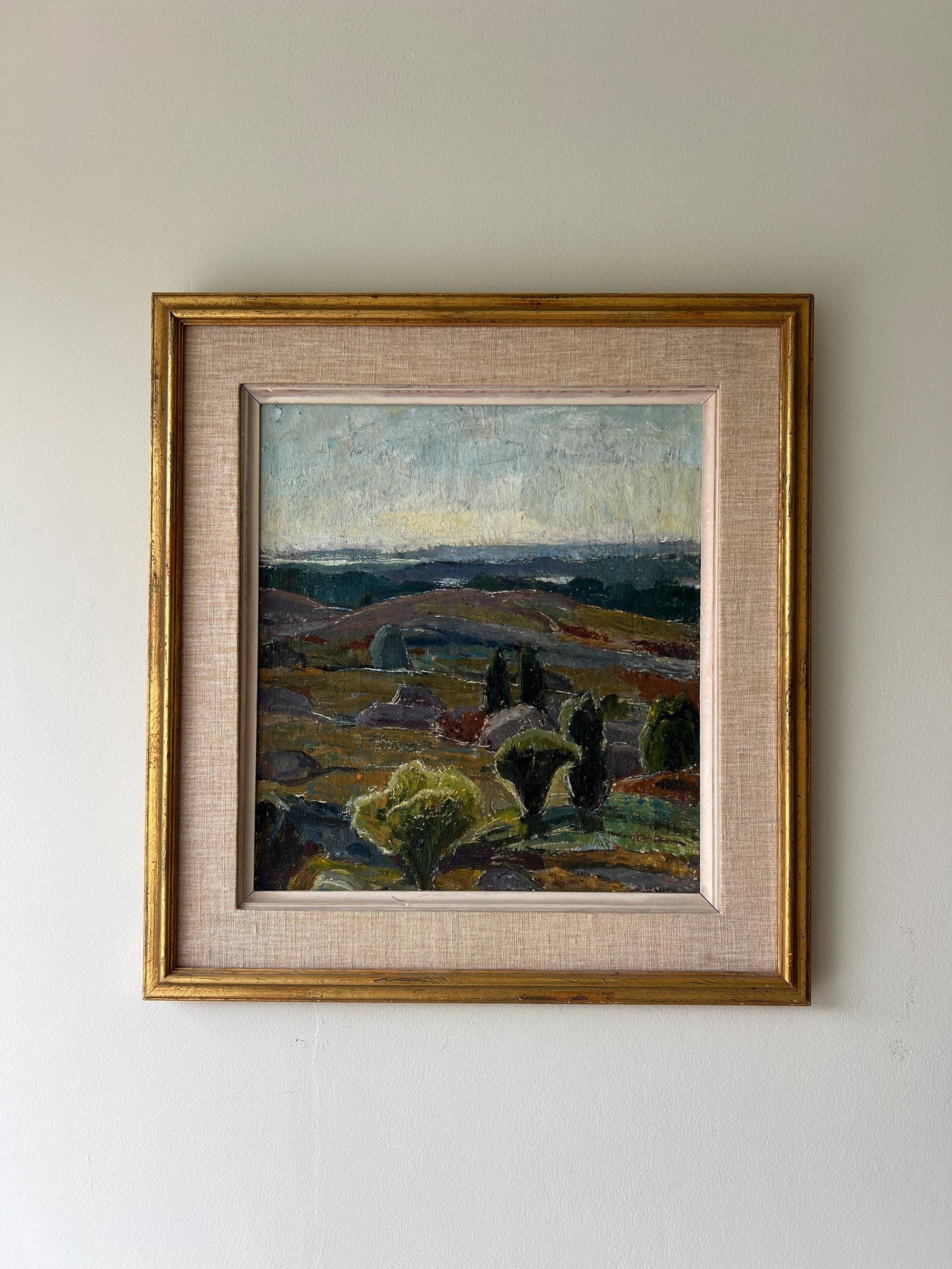 Framed vintage oil painting of a landscape at dusk in a  vintage frame with linen mount, available at Hue.