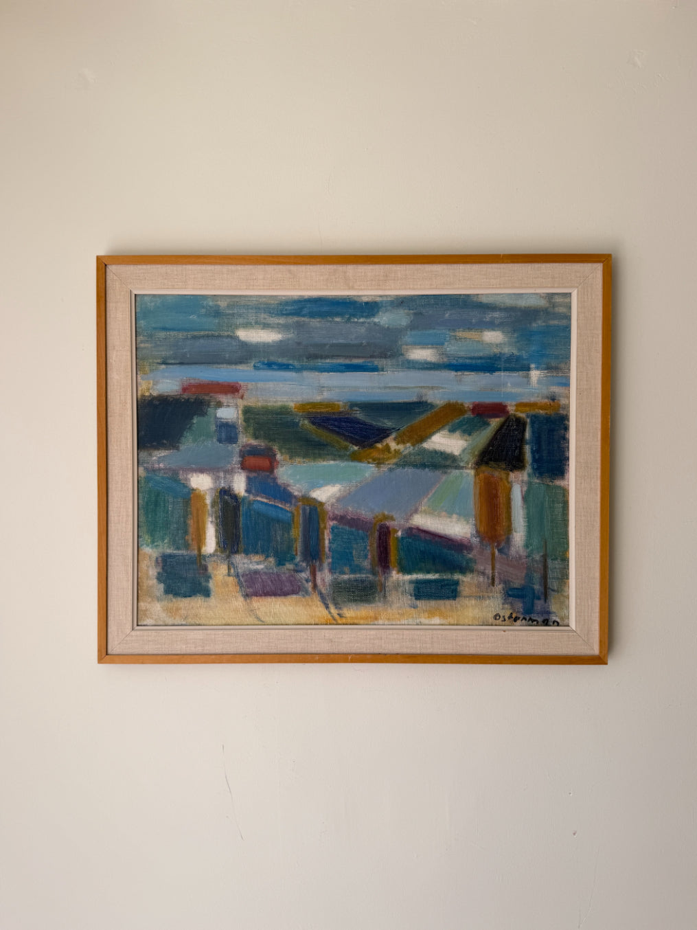 Framed vintage semi-abstract oil painting of a coastal scene. Available at Hue. 