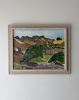 Framed vintage oil landscape painting with mountains and palm trees. Available at Hue. 