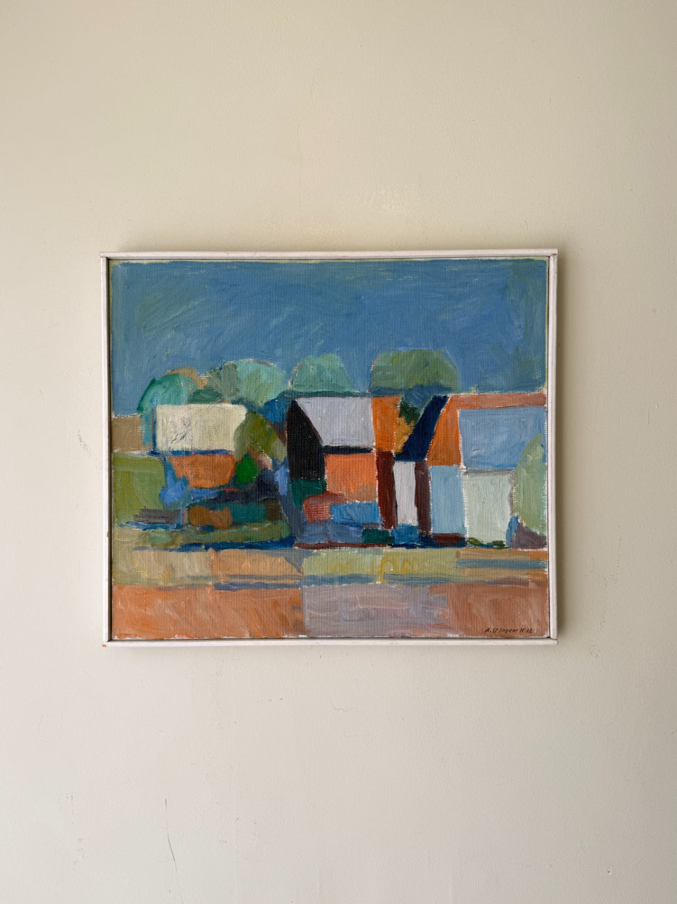 Semi-abstract vinatge oil painting of a landscape with trees and buildings. Available at Hue. 