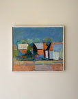 Semi-abstract vinatge oil painting of a landscape with trees and buildings. Available at Hue. 