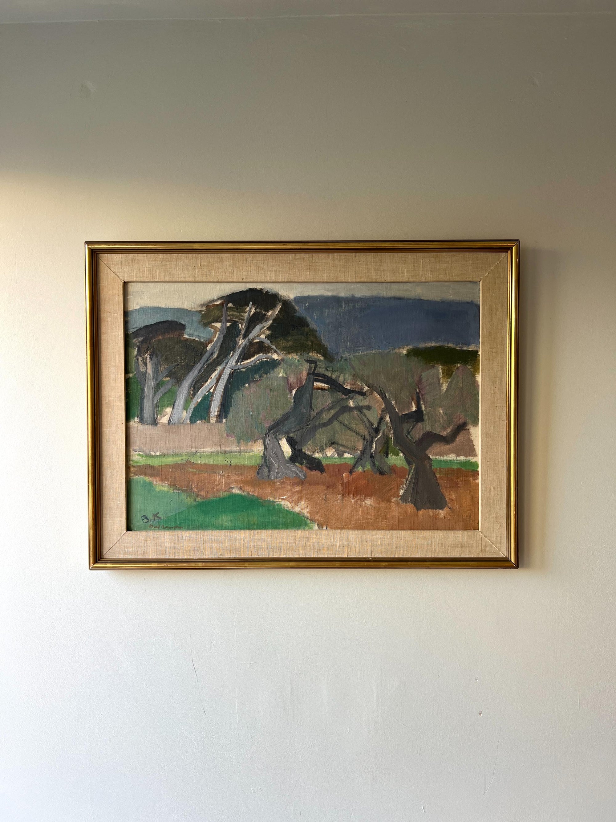 Framed vintage oil painting of olive and pine trees, available at Hue.