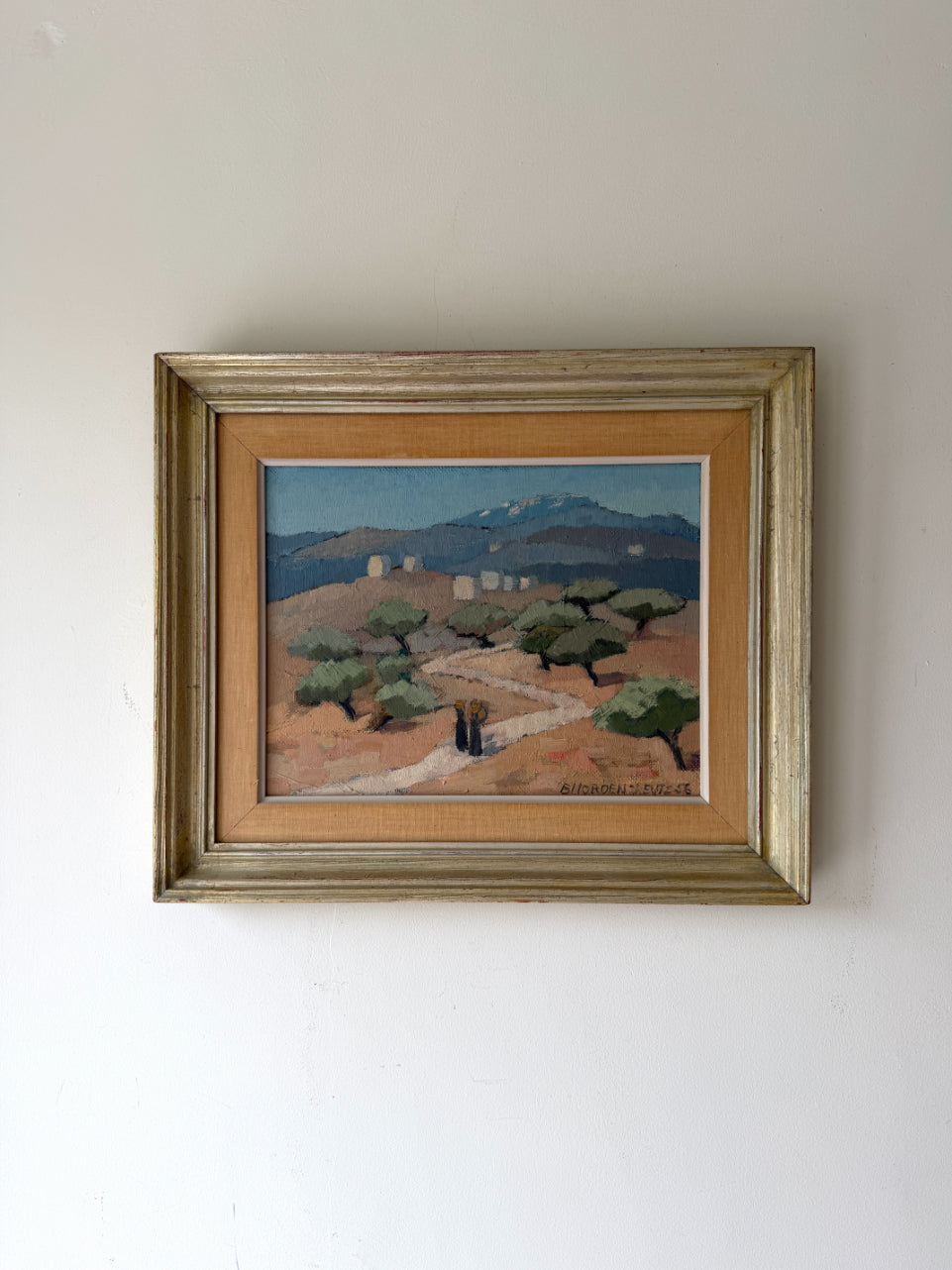Framed vintage oil painting of a landscape with mountains and olive trees. Available at Hue.