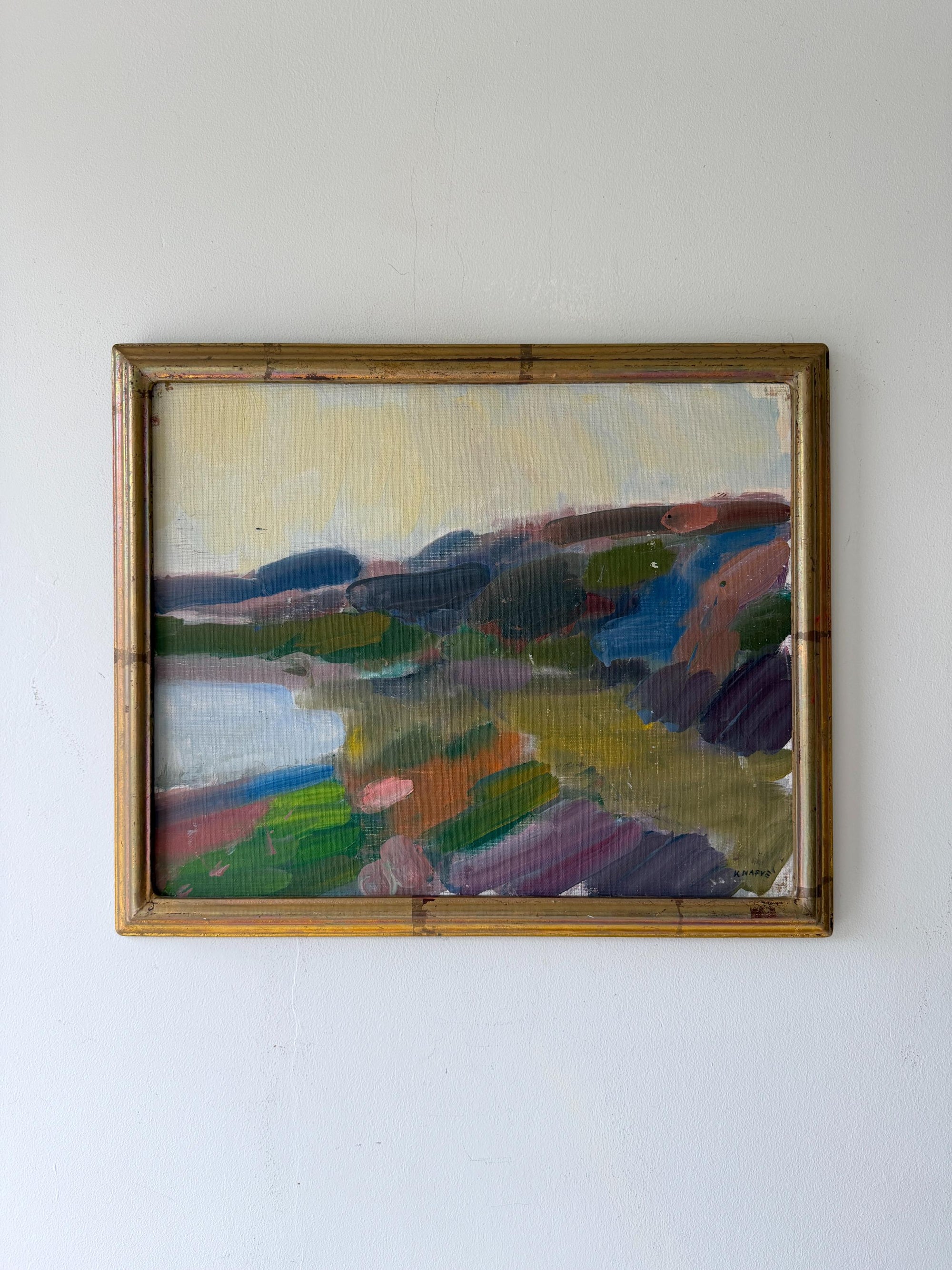 A colourful, semi-abstract vintage landscape oil painting in a rustic gold frame. Available at Hue. 