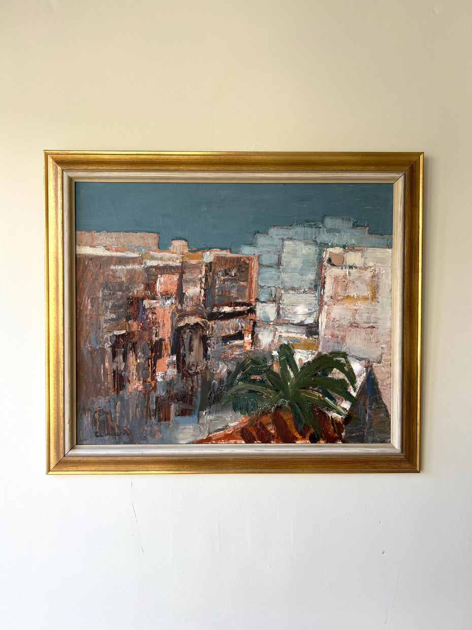 Framed  vintage semi-abstract oil painting of a Mediterranean towns with palm tree. Available at Hue. 