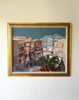 Framed  vintage semi-abstract oil painting of a Mediterranean towns with palm tree. Available at Hue. 