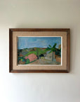Large framed vintage oil painting of a landscape with tropical greenery. Available at Hue. 