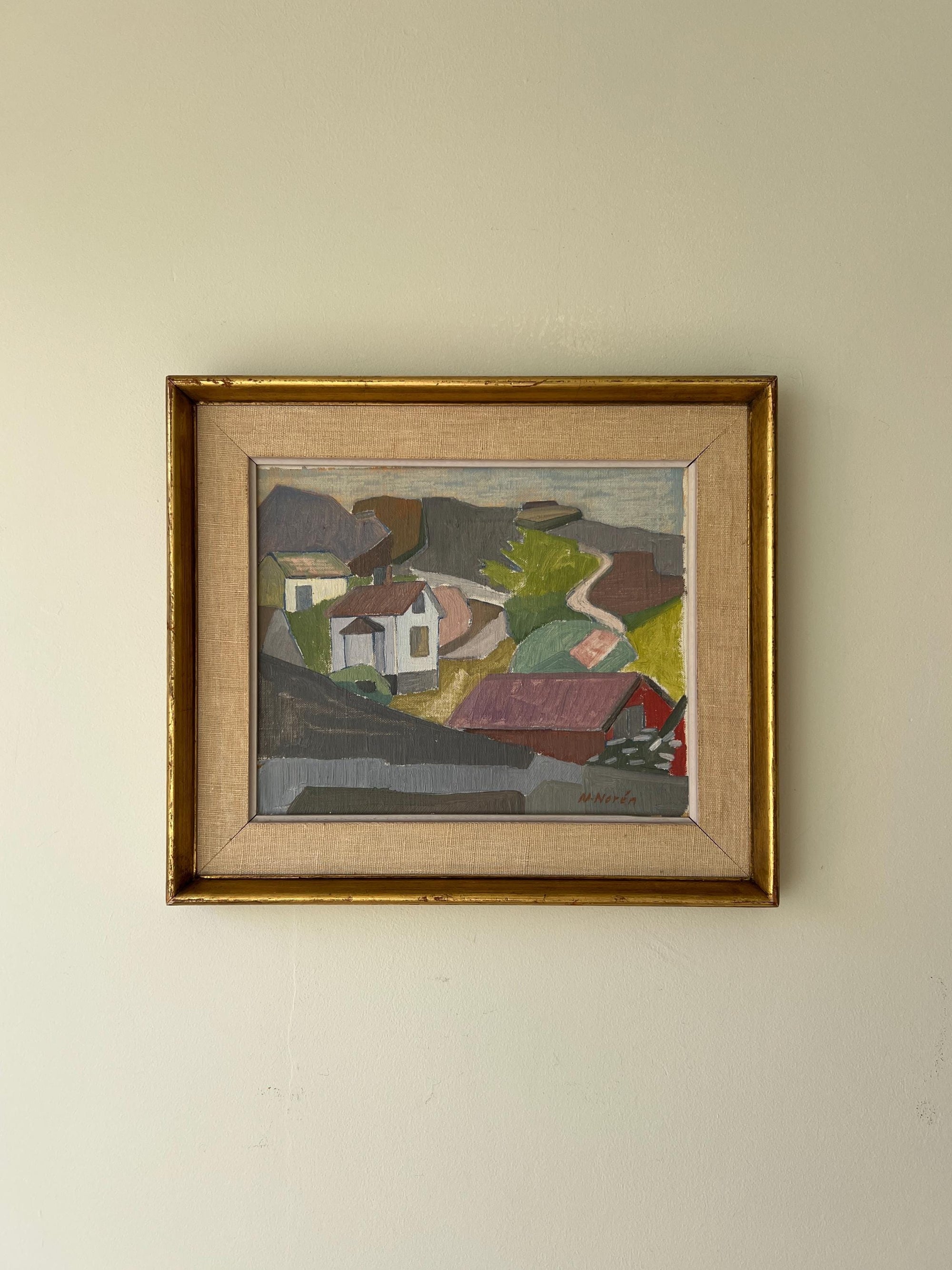 Framed vintage oil painting of a landscape with houses in a vintage frame with linen mount, available at Hue.