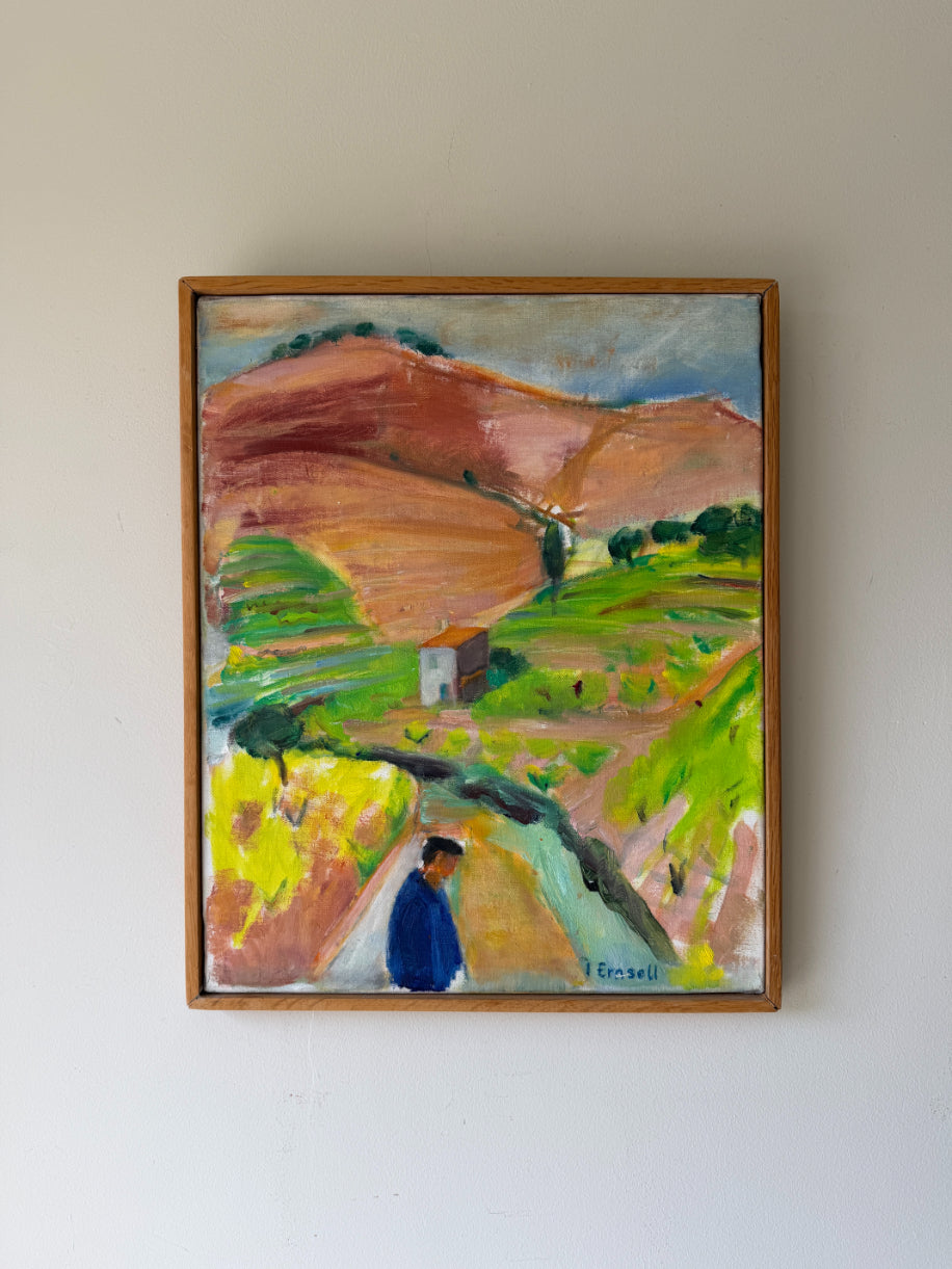 Painting of a vintage oil landscape with a person and mountains. Available at Hue.