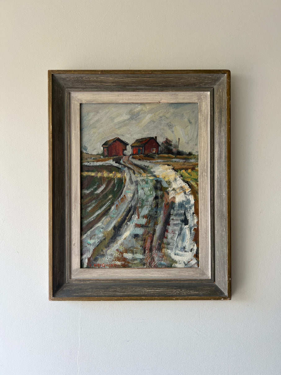 Framed vinatge oil painting of a rural landscape with red buildings. Available at Hue. 