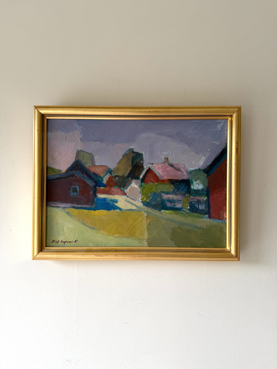 Framed vinatge oil painting of a swdish village landscape. Available at Hue.