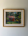 Framed vintage oil painting of a cabin in the woods. Available at Hue. 