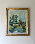 Framed vintage oil painting of a landscape with trees and a river. Available at Hue. 