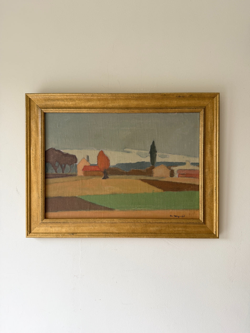 Framed vinatge landscape painting of farmland and fields. Available at Hue. 