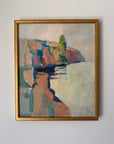 A semi-abstract vintage landscape oil painting. The painting features earthy tones of brown, beige, green, and blue, with a prominent gold frame. Available at Hue.
