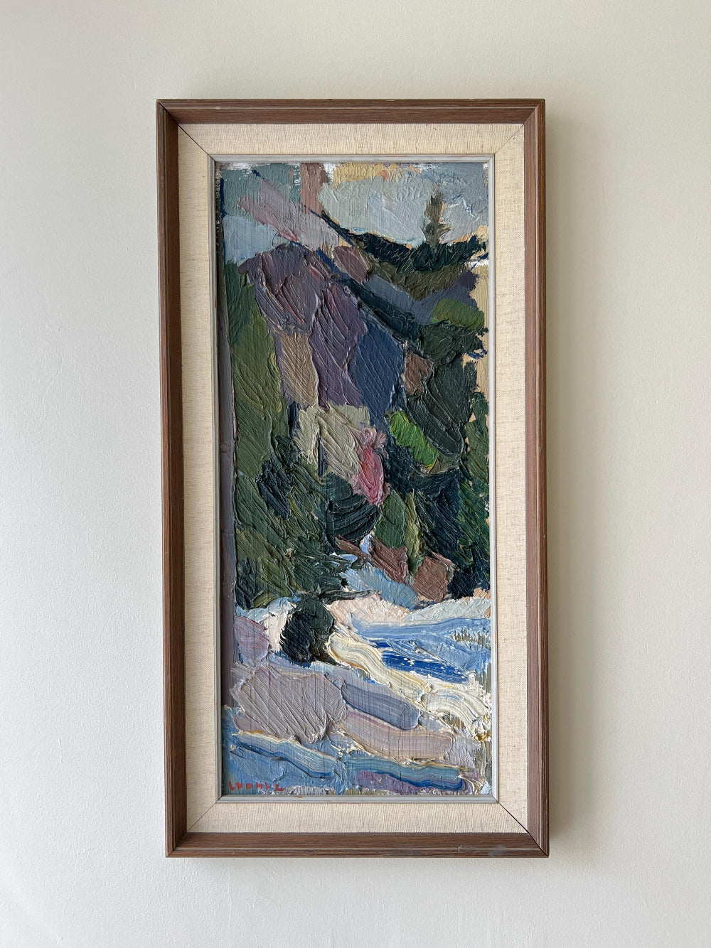 Framed vintage oil painting of a landscape with mountains and a stream, available at Hue.