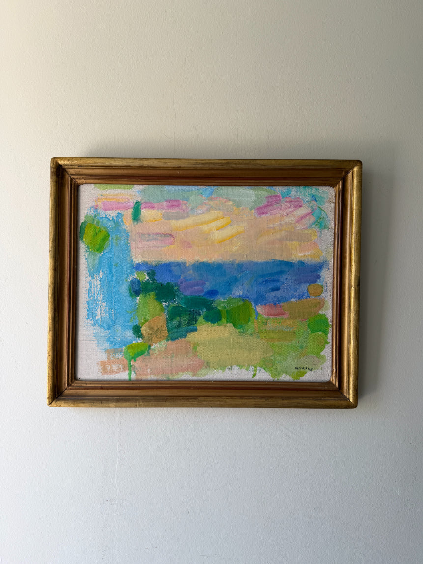 Framed vintage semi-abstract landscape oil painting of a coastal scene. Available at Hue. 