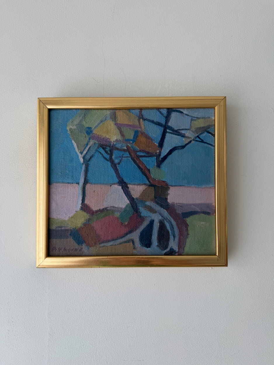 Framed vintage abstract oil painting of coastal trees. Available at Hue. 