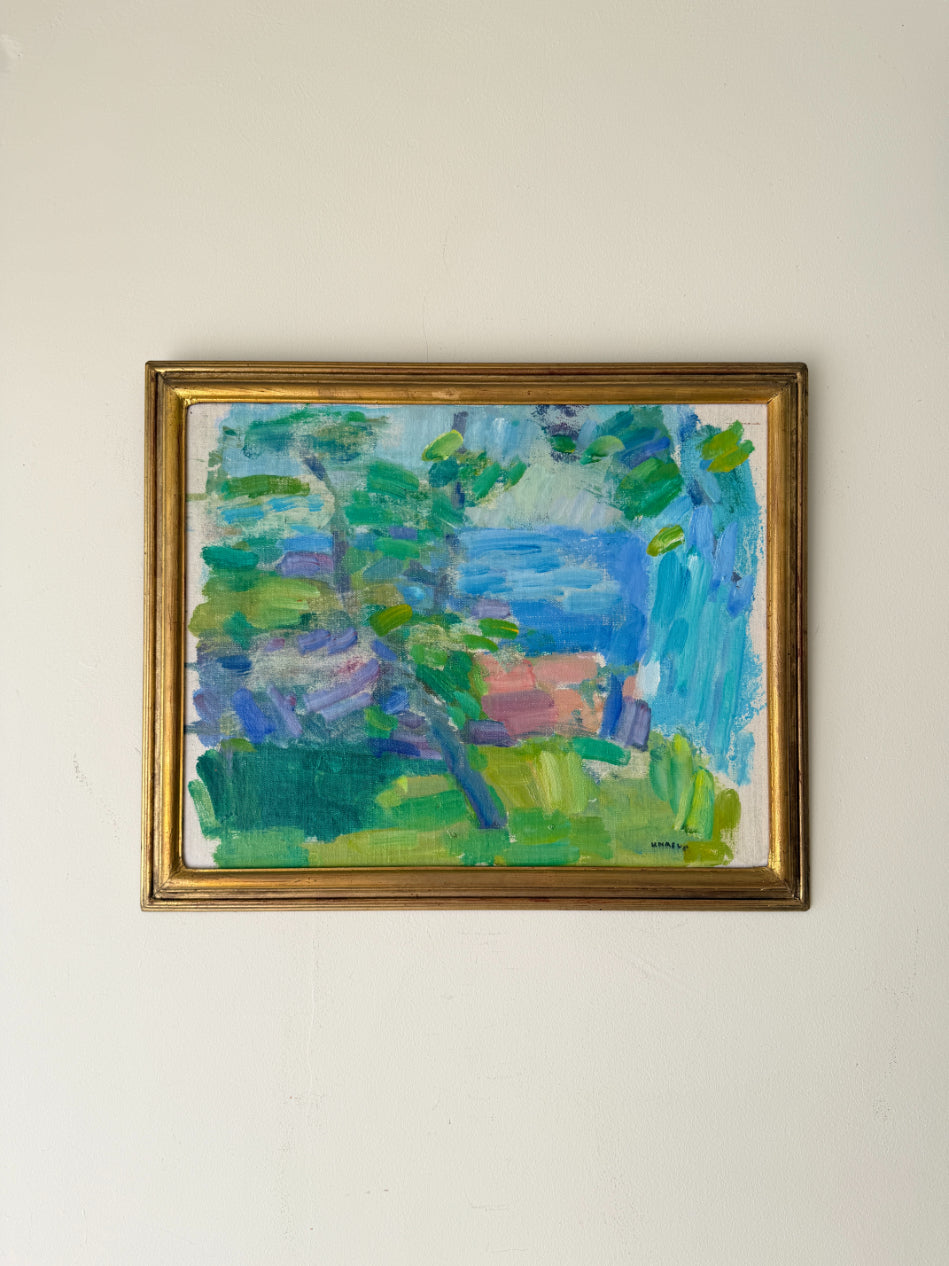 Framed vintage semi-abstract landscape painting of a summer scene with trees. Available at Hue. 