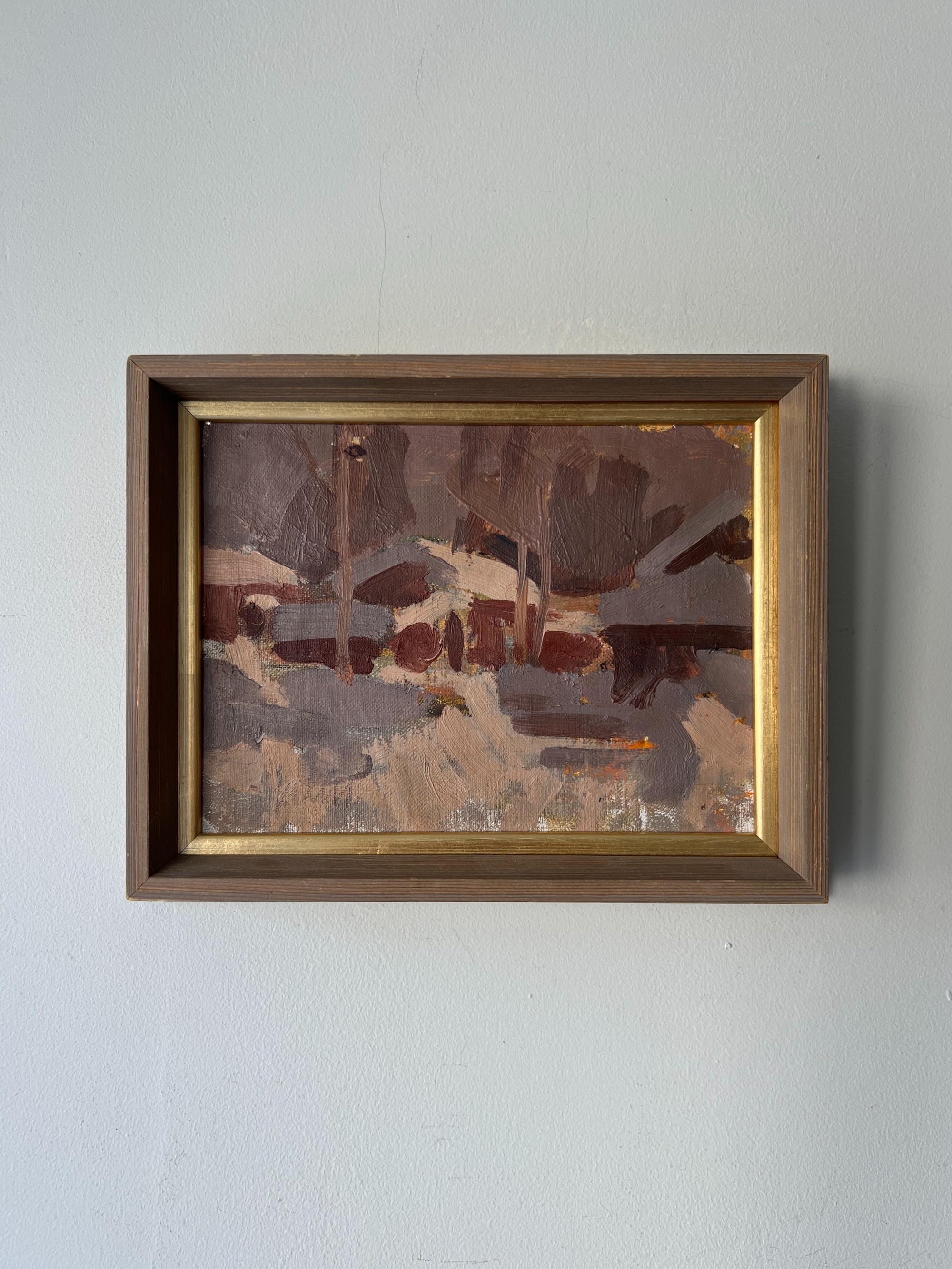 Framed vintage semi-abstract oi painting of snow covered houses. Available at Hue. 