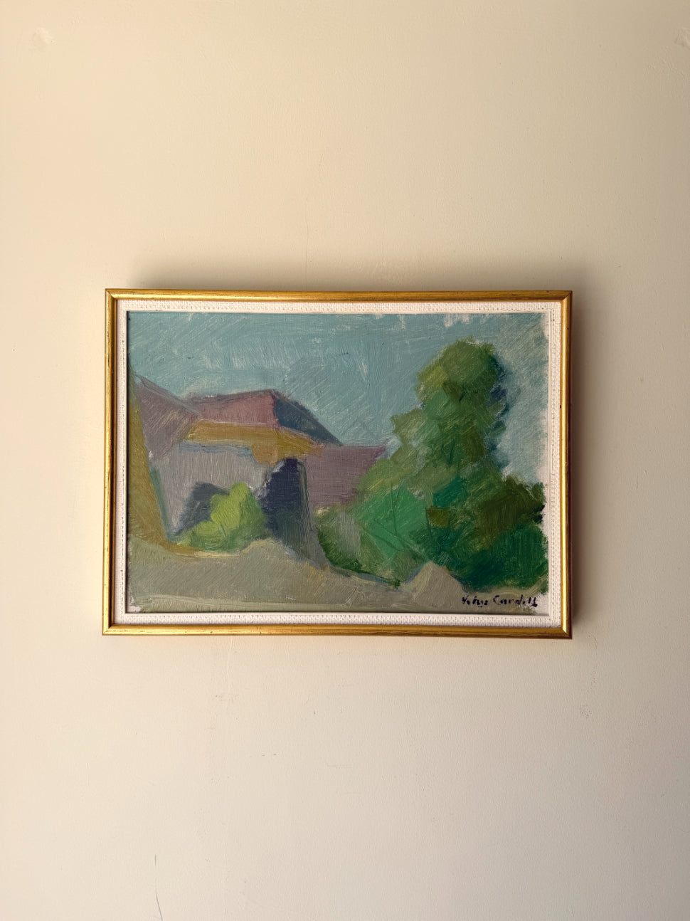 Framed vintage semi-abstract painting of a landscape. Available at Hue. 